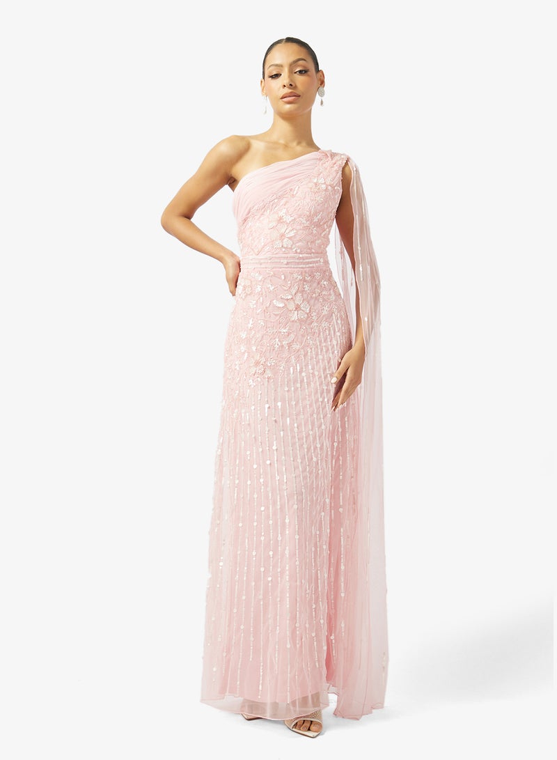 نمشي x فستان سهرة بكتف واحد مزين بالخرز مع كاب - Image 1